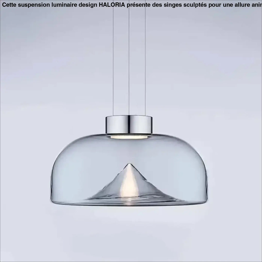 Suspension luminaire eclari avec verre transparent fumé en forme de dôme et motif montagne éclairé suspendu par câbles fins