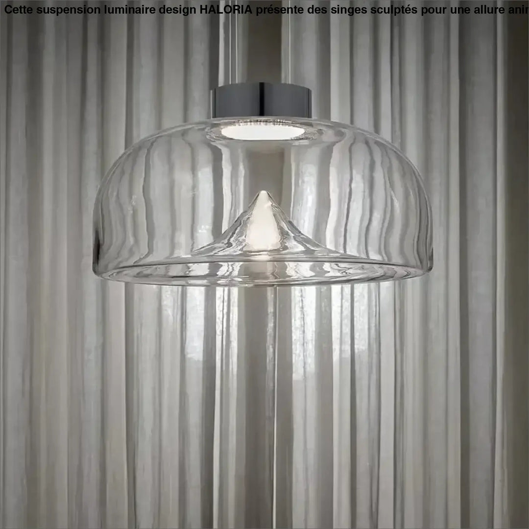 Suspension luminaire eclari en verre transparent avec rainures verticales et fixation chrome élégante