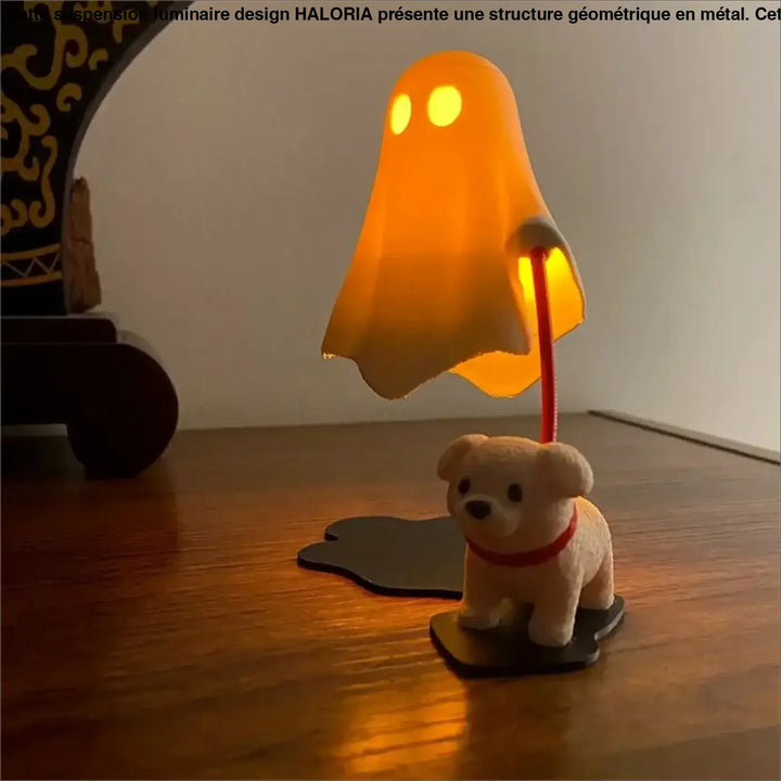 Veilleuse boofi lampe fantôme orange brillante avec socle en peluche beige en forme de chiot et cordon rouge