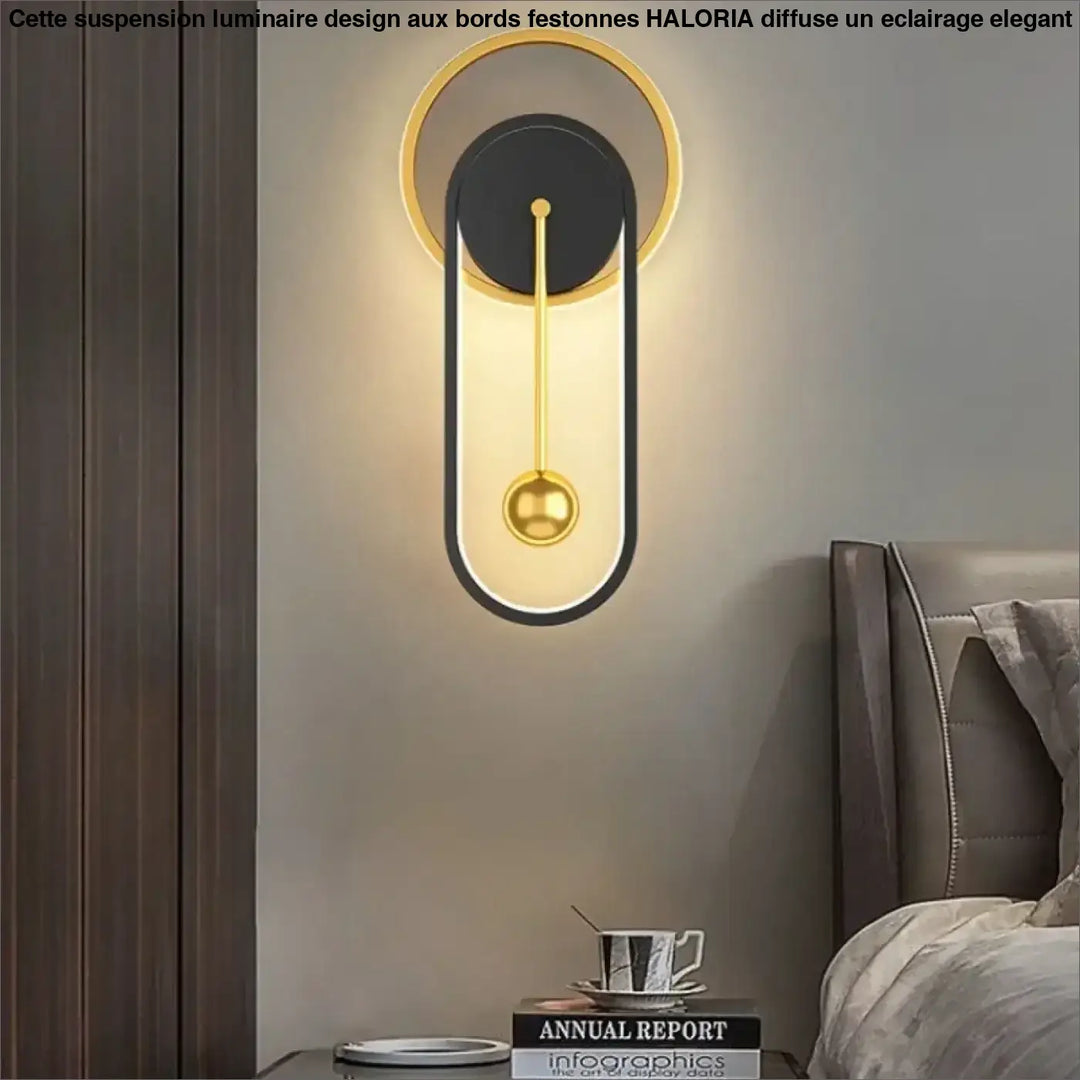 Applique murale dorano design noir et or avec cadre ovale, tige verticale et halo lumineux sphérique moderne