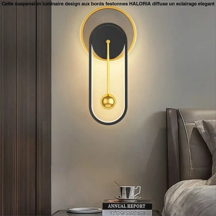 Applique murale dorano design noir et or avec cadre ovale, tige verticale et halo lumineux sphérique moderne