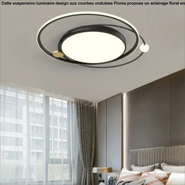 Luminaire plafonnier aloïs avec anneaux métalliques noirs et or, panneau central lumière blanche idéal salle à manger