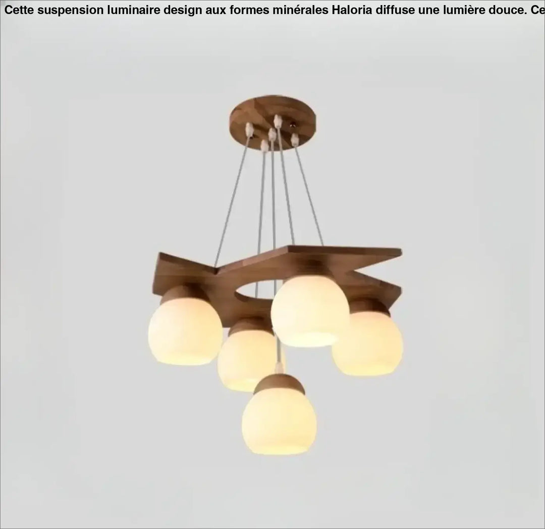 Suspension luminaire moderne en bois avec cinq globes en verre dépoli et cadre géométrique central wodel
