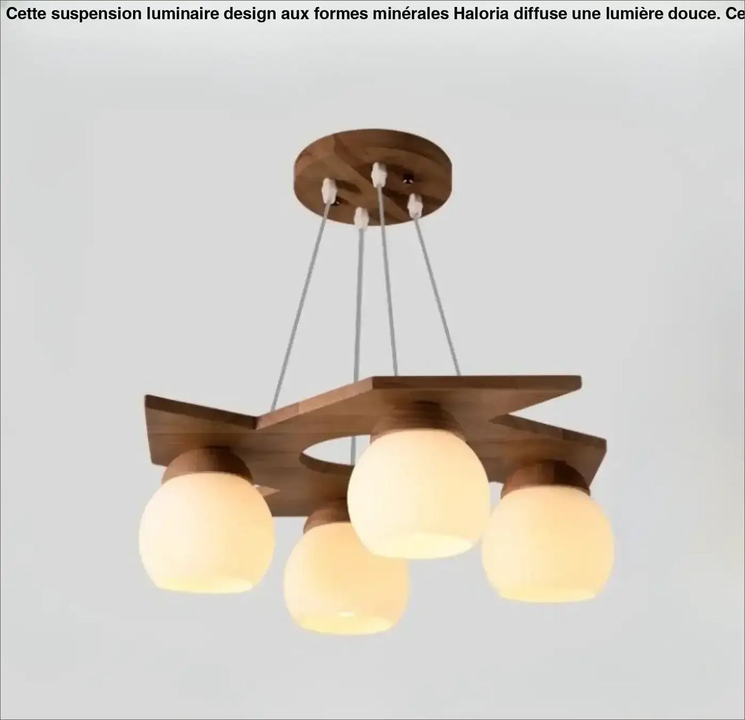 Suspension luminaire moderne en bois avec quatre globes en verre dépoli suspendus par des cordons métalliques fins