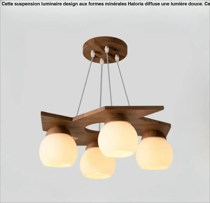 Suspension luminaire moderne en bois avec quatre globes en verre dépoli suspendus par des cordons métalliques fins
