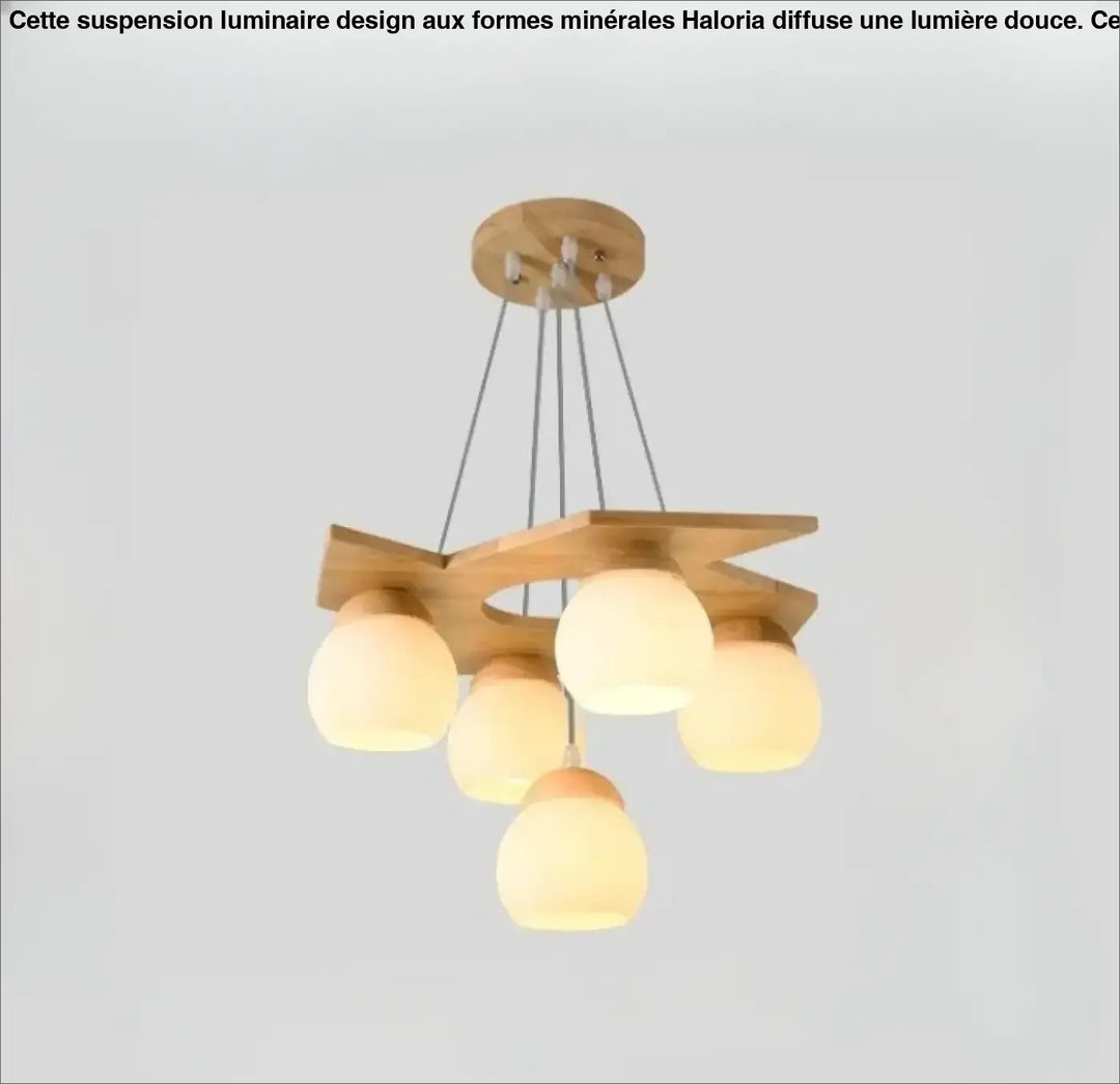 Suspension luminaire moderne en bois naturel avec cinq globes en verre dépoli pour plafond intérieur