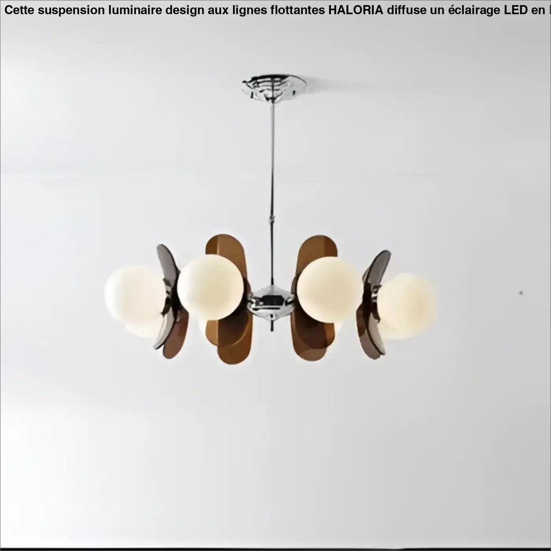 Suspension luminaire melios chrome avec six ampoules sphériques chaudes entourées d’abat-jour en bois en éventail luminaire chic