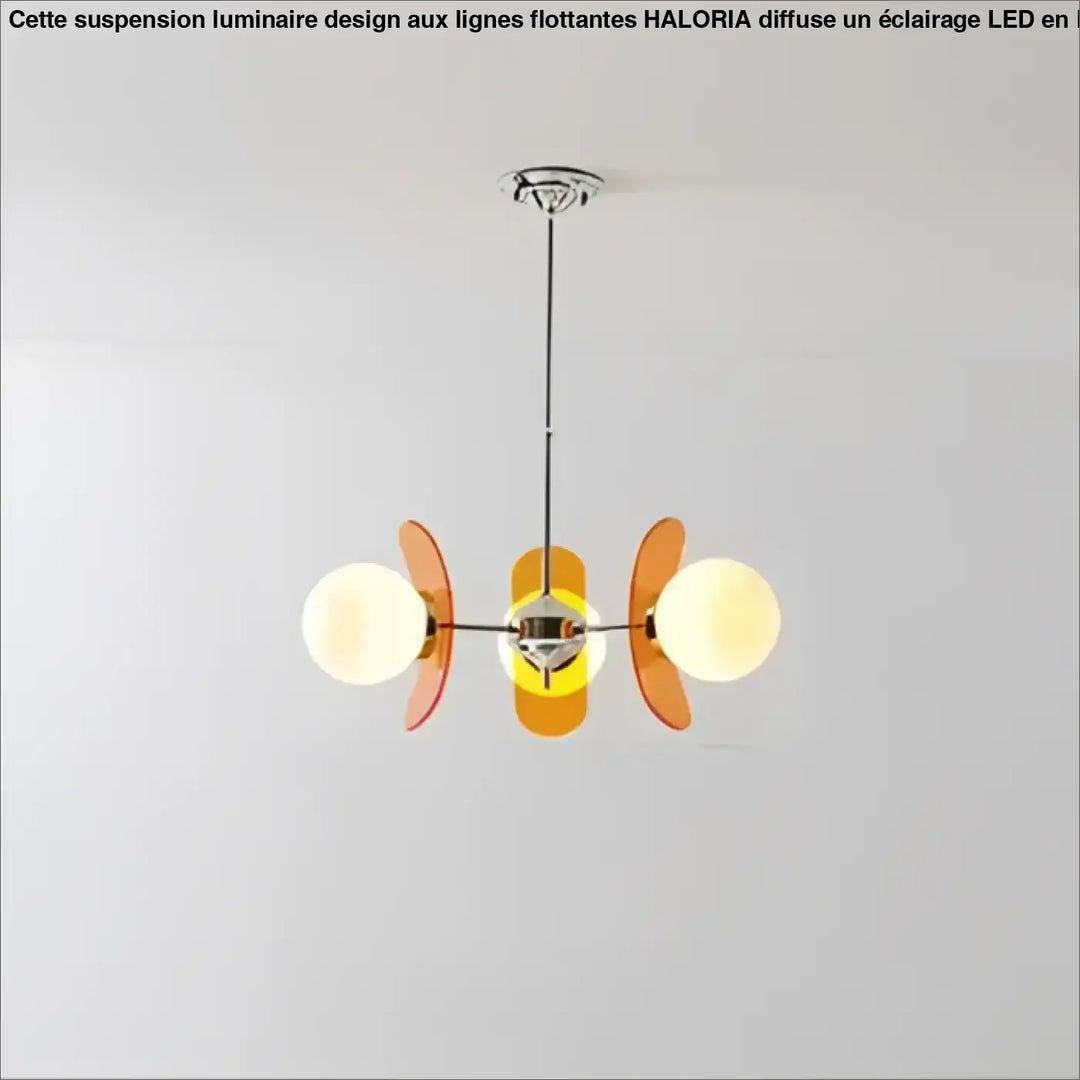Suspension luminaire melios avec trois ampoules sphériques lumineuses et abat-jour translucides orange et jaune sur fixture chrome