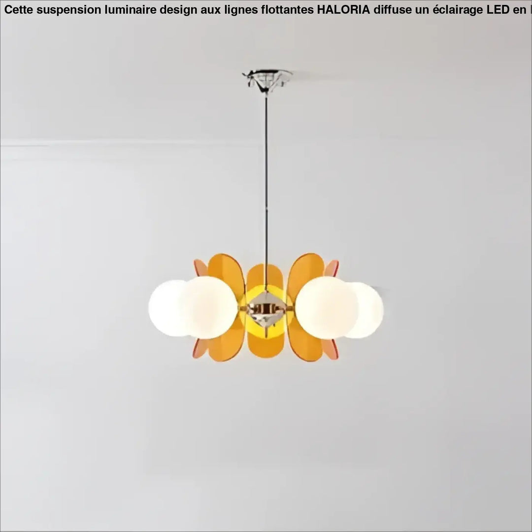 Suspension luminaire chic melios en verre orange et blanc avec une structure métallique centrale élégante