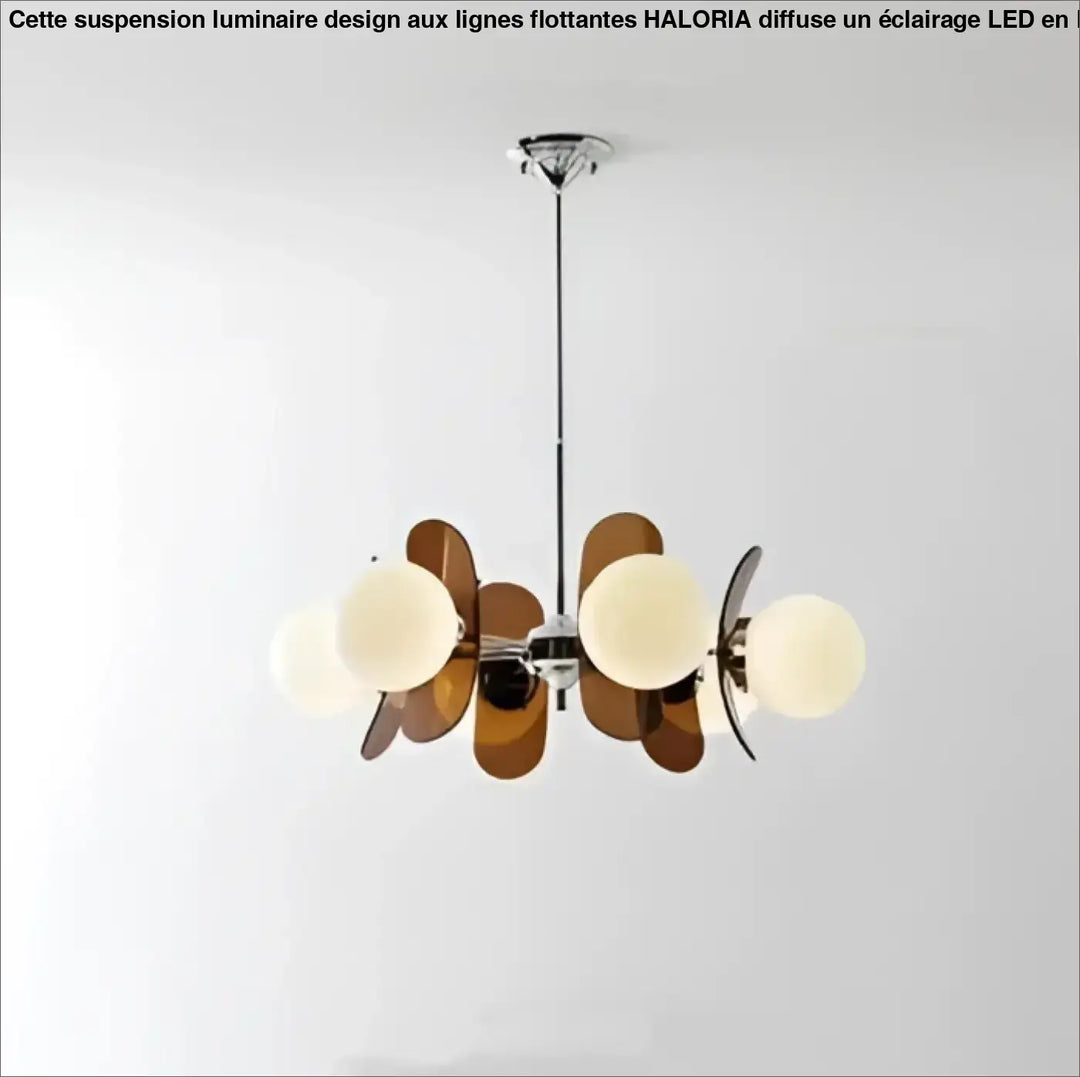 Suspension luminaire chic melios en chrome avec six abat-jours en verre ambré chaud et trois globes blancs givrés élégants