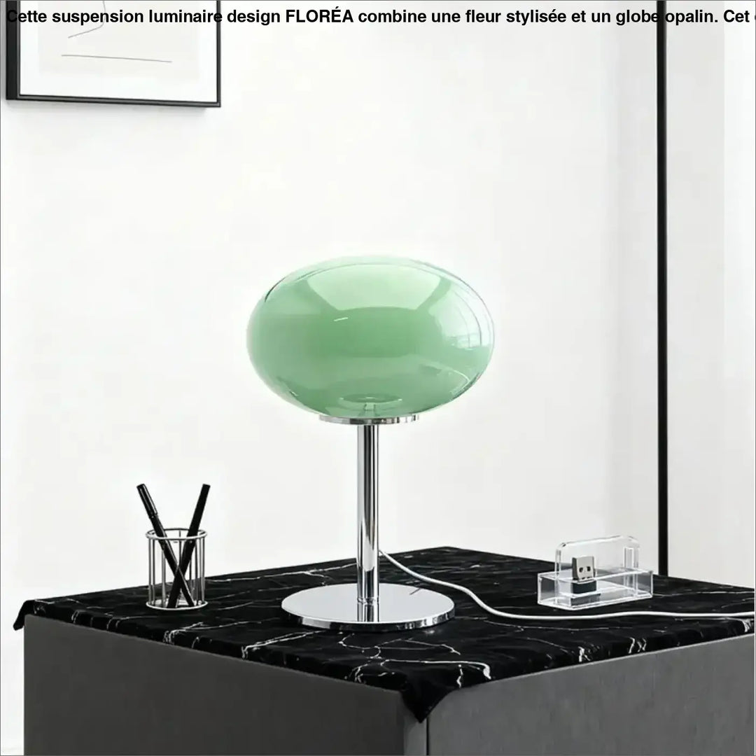 Lampe de chevet minimaliste globe en verre vert menthe avec base chrome poli pour une lumière devient plus qu’un simple éclairage