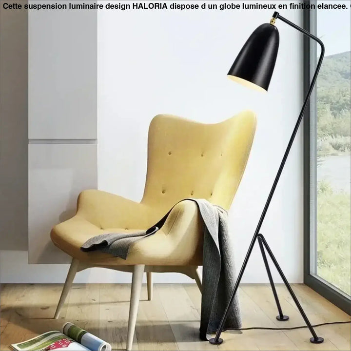 Lampadaire design minimaliste en métal noir avec design courbé élégant et silhouette graphique conique trivio