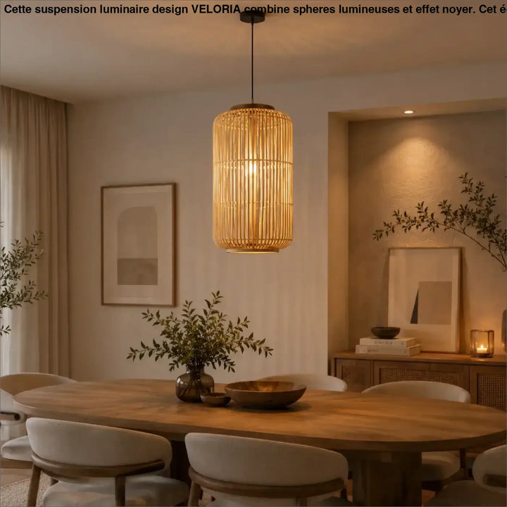 Suspension luminaire warm-toned en rotin tissé naturel pour décoration intérieure en bambou