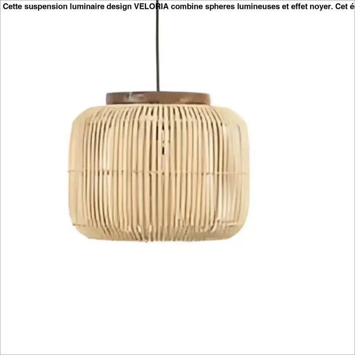 Suspension luminaire solea cylindrique en rotin tissé naturel avec dessus en bois foncé pour décoration intérieure