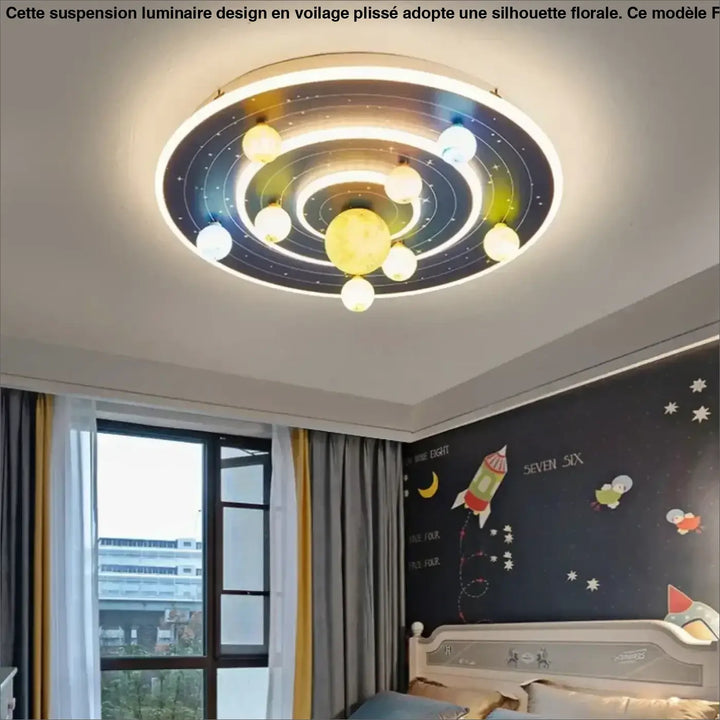 Luminaire plafonnier cosmio avec design univers galactique moderne univers galactique planètes lumineuses jaunes et bleues
