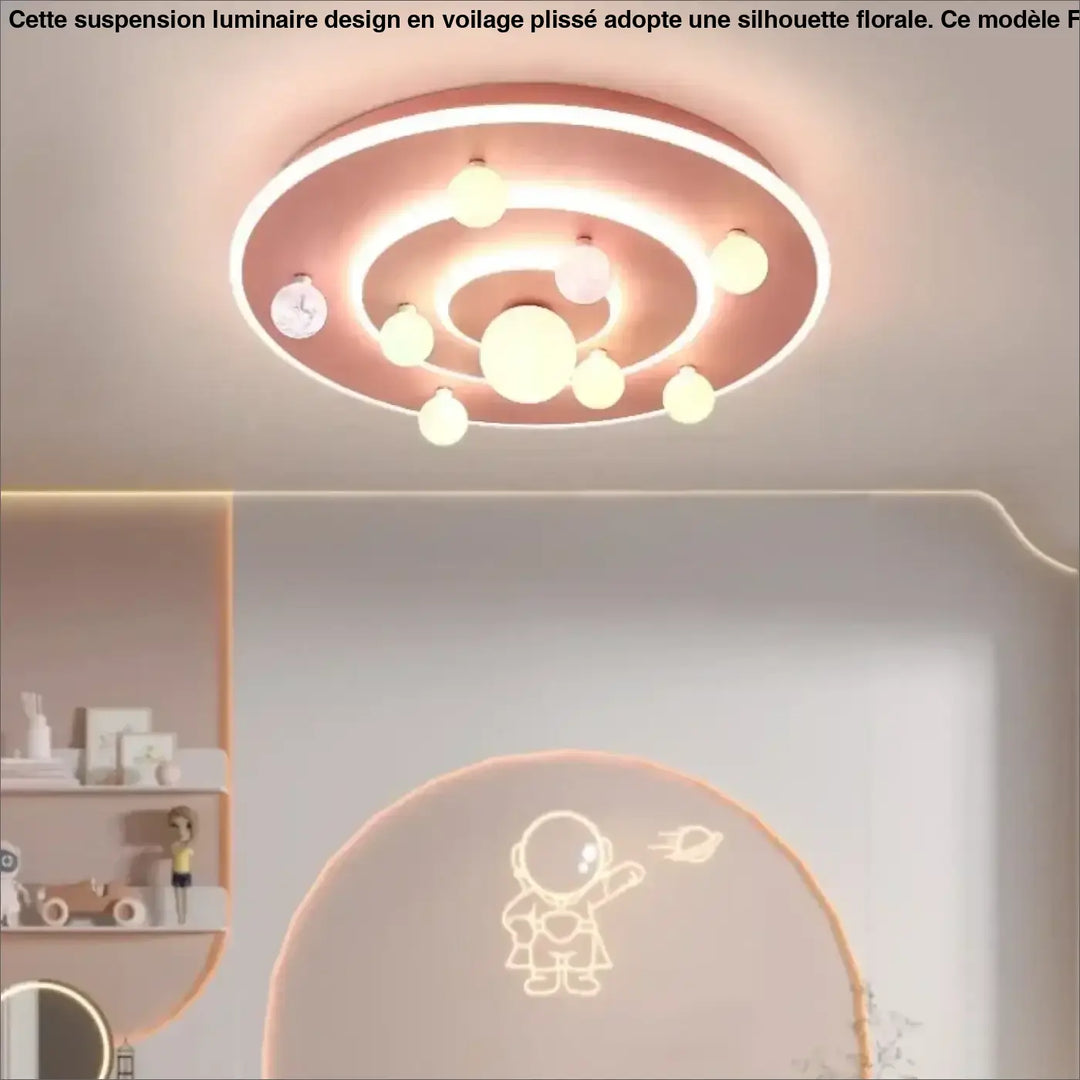 Plafonnier moderne univers galactique en rose gold avec anneaux concentriques et ampoules sphériques luminaire cosmi o