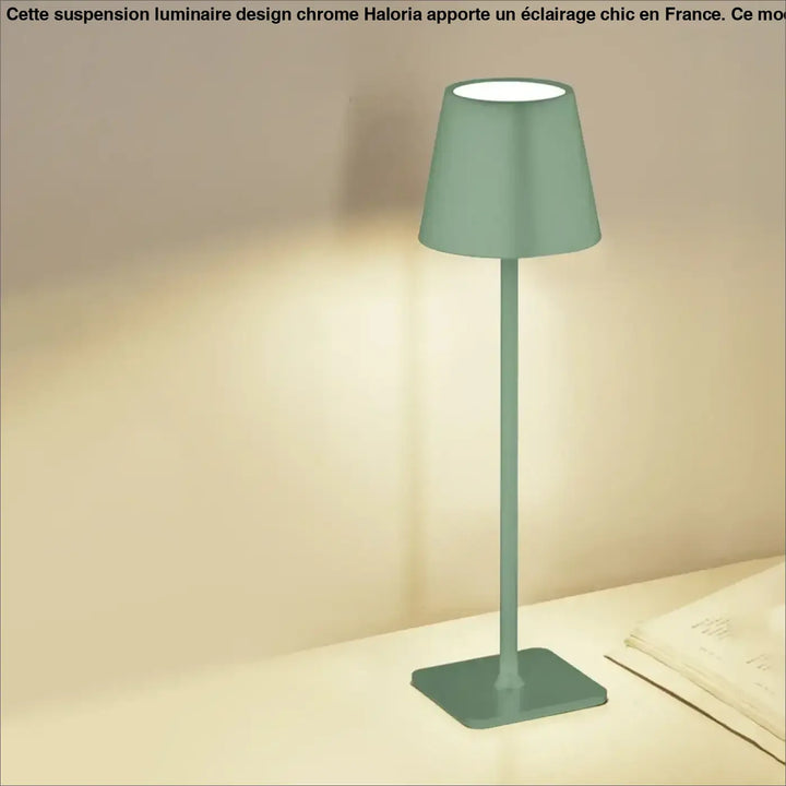 Lampe de table contemporaine lucera en vert menthe avec abat-jour conique contribuant à créer une ambiance épurée