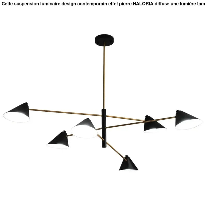 Suspension luminaire design contemporain avec abat-jour conique noir bras en laiton et tige centrale noire haloria