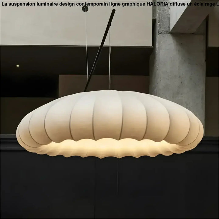 Pendant luminaire design contemporain haloria en tissu crème à texture nervurée et éclairage doux en suspension