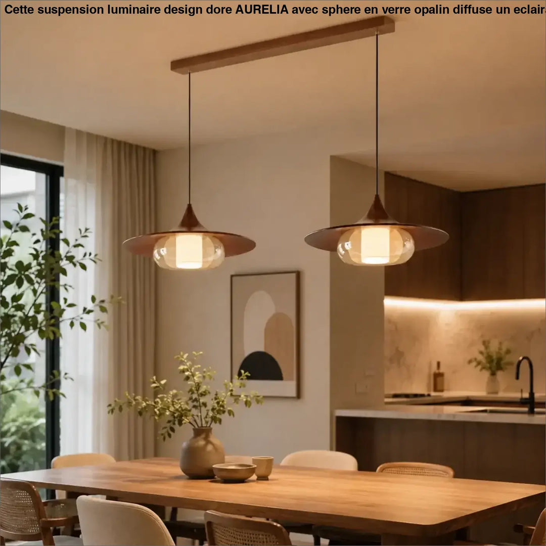 Suspension luminaire aurea avec effet cuivre, abat-jour en verre et fixation en bois au-dessus d’une table à manger