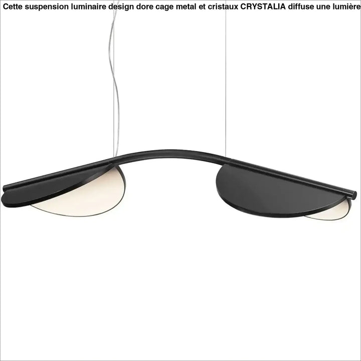 Luminaire design dore suspension en métal noir mat avec design incurvé et deux panneaux semi-circulaires illuminés