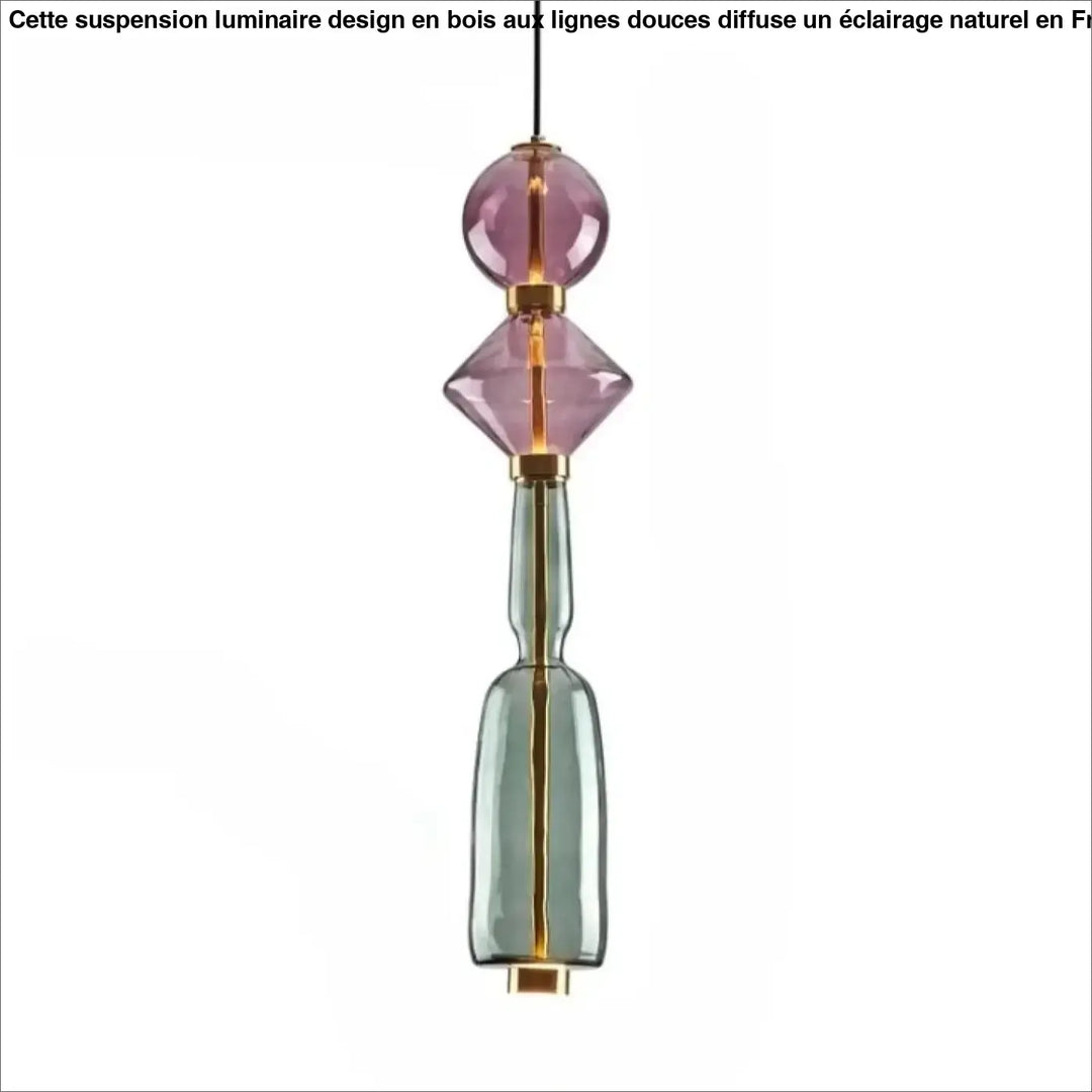 Suspension luminaire slira avec verre soufflé en violet et métal doré aux éléments empilés rose et bleu-vert