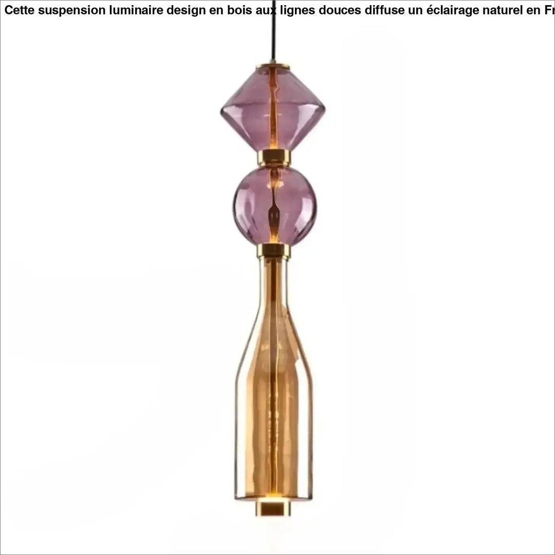 Suspension luminaire slira avec verre soufflé violet dégradé et métal doré en forme élégante inspirée d’une bouteille