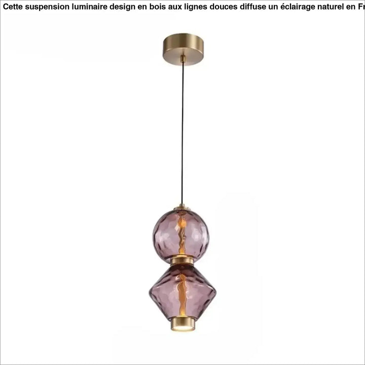 Suspension luminaire slira avec deux sphères en verre soufflé violet empilées et métal doré suspendues par corde noire