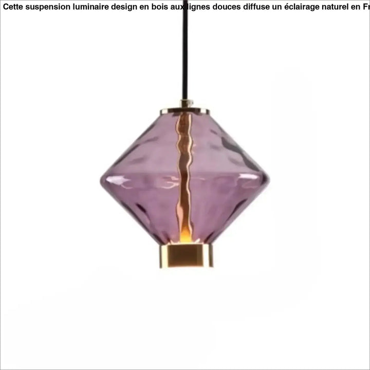 Suspension luminaire slira en verre soufflé violet avec armature en métal doré et cordon suspendu
