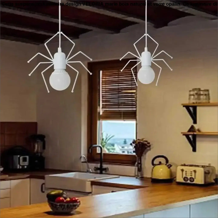 Suspension luminaire alako blanc en forme daraignée avec jambes articulées et corps bulbeux luminaire ludique