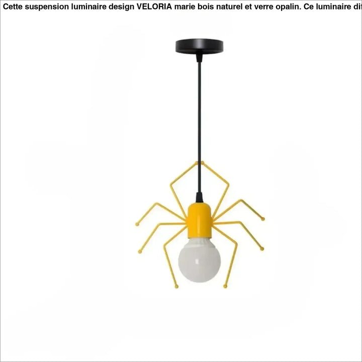 Suspension luminaire alako jaune en forme daraignée avec fixation et cordon noirs pour un luminaire ludique