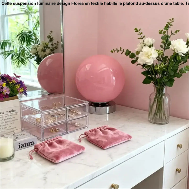 Pink velvet drawstring pouches accompany lampe de chevet lange for une lumière douce et un éclairage chaleureux plus qu’un simple accessoire