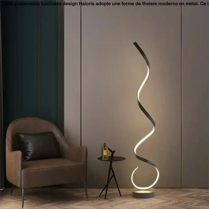Lampadaire led design spiry noir et blanc avec structure ondulée fluide et éclairage led intégré