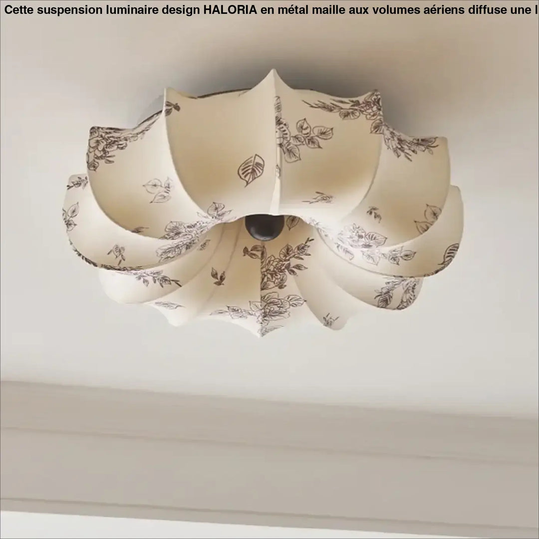 Luminaire plafonnier sorelia crème avec motif floral brun foncé et abat-jour en pétales superposés