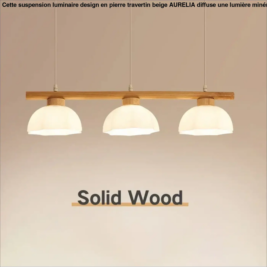 Suspension luminaire design avec barre en bois travertin beige et abat-jour en verre dépoli chaleureux minimaliste