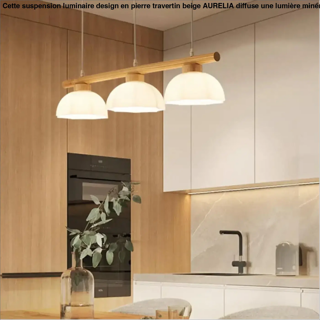 Suspension luminaire design aurelian en bois moderne avec trois abat-jours en verre givré travertin beige