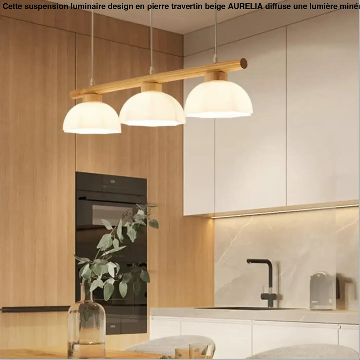 Suspension luminaire design aurelian en bois moderne avec trois abat-jours en verre givré travertin beige