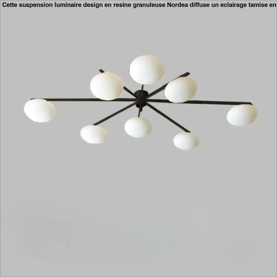Plafonnier moderne luminaire plafonnier xilys en métal noir avec huit bras graphiques et verre blanc sphérique dépoli