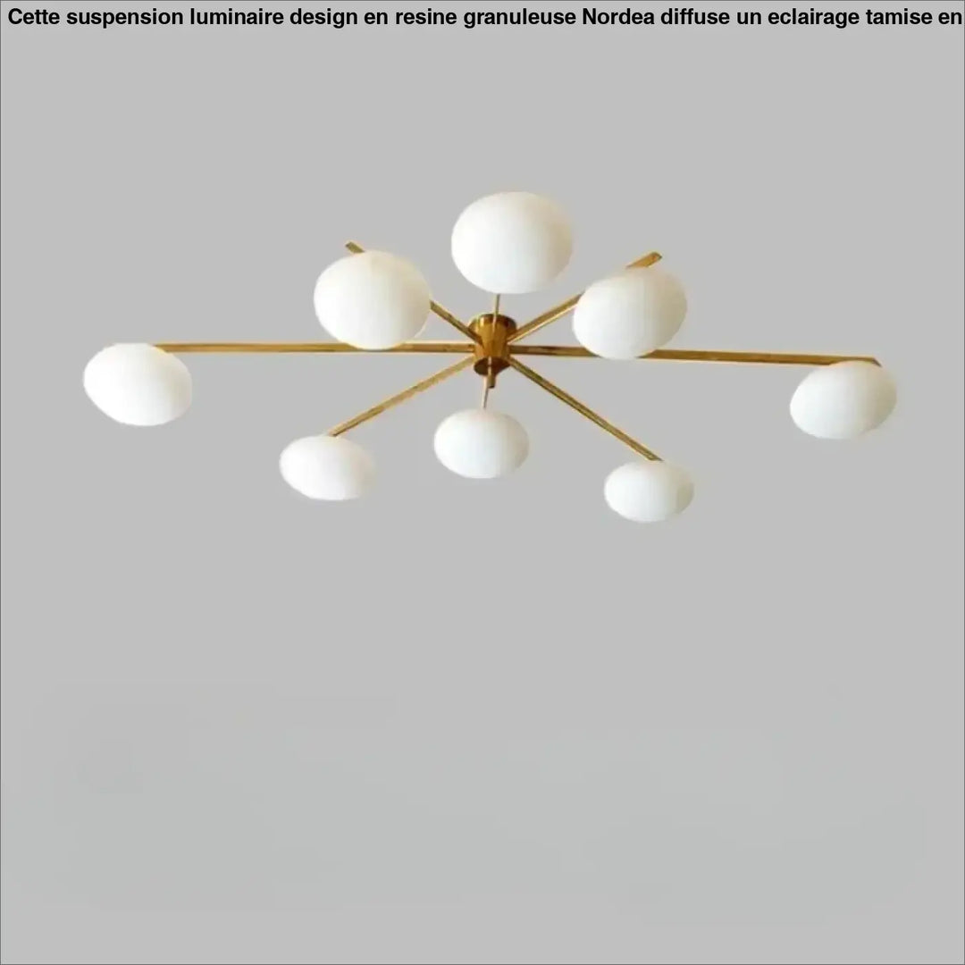 Plafonnier moderne xilys en ton or avec huit globes en verre blanc et bras graphiques en étoile