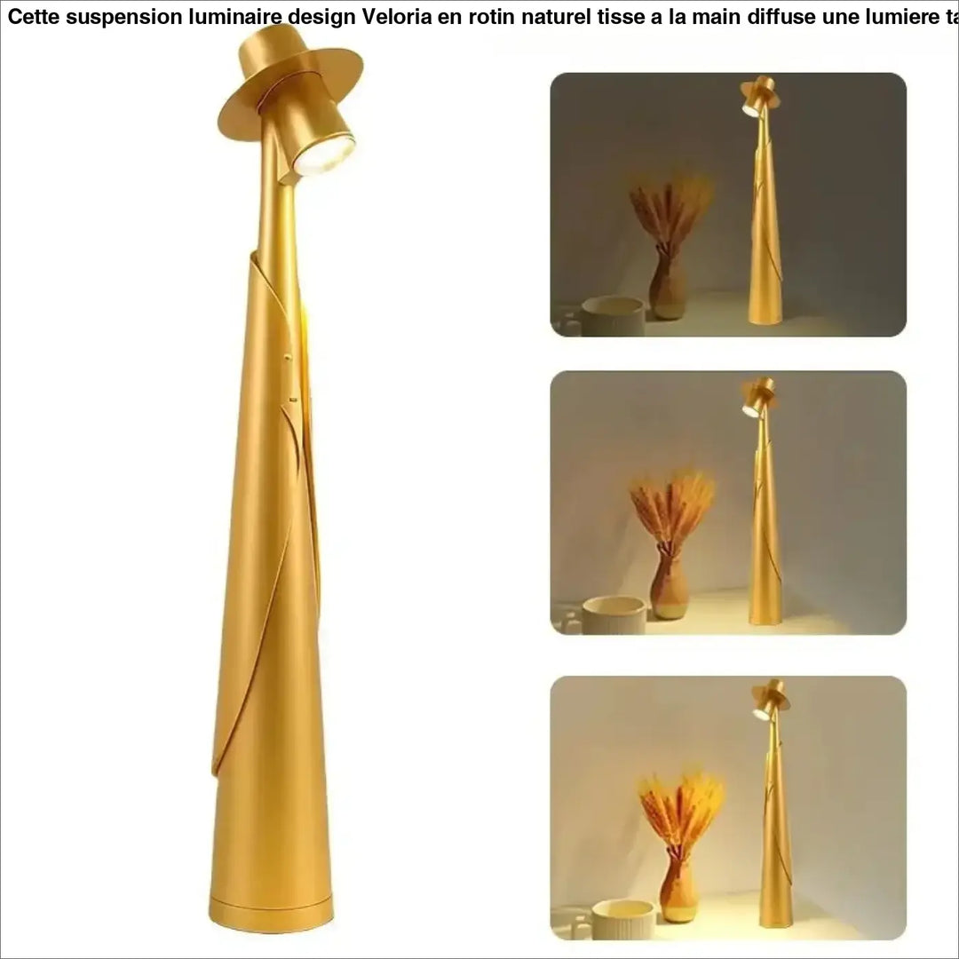 Lampe de table dandy en métal doré avec finition brillante, tête articulée et design élégant avec chapeau