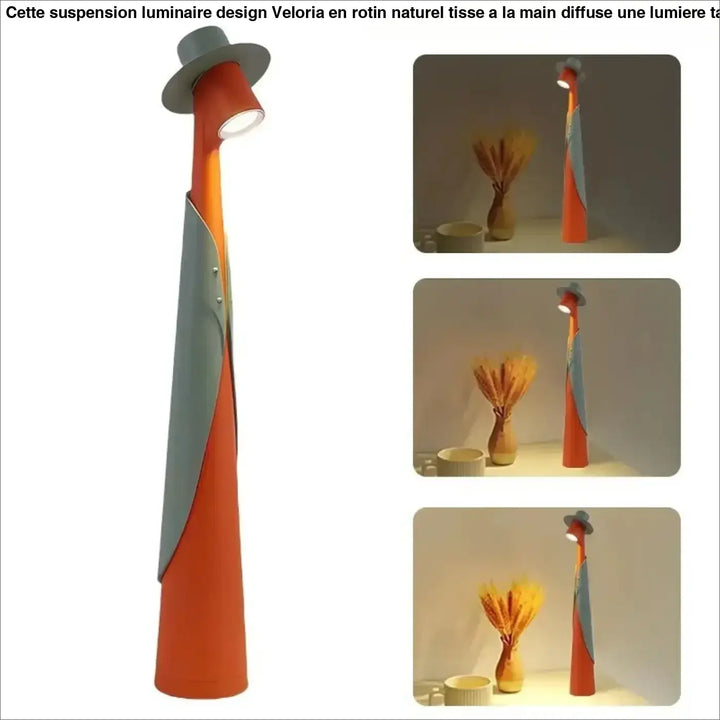 Lampe de table dandy orange et grise en métal brillant sculpturale représentant un homme au chapeau haut de forme