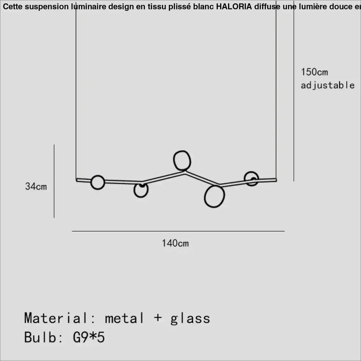 Suspension luminaire design en tissu plisse blanc avec cadre métallique et sphères en verre, longueur réglable 150cm