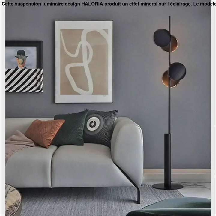 Lampadaire moderne duolia avec double éclairage noir et or et silhouette graphique en métal élancé