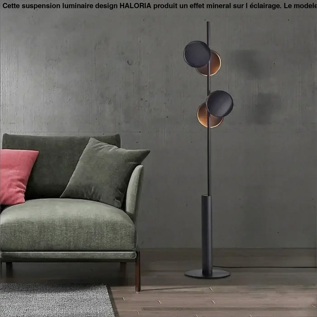 Lampadaire moderne duolia avec double éclairage et silhouette graphique en métal noir mat et cuivre brossé