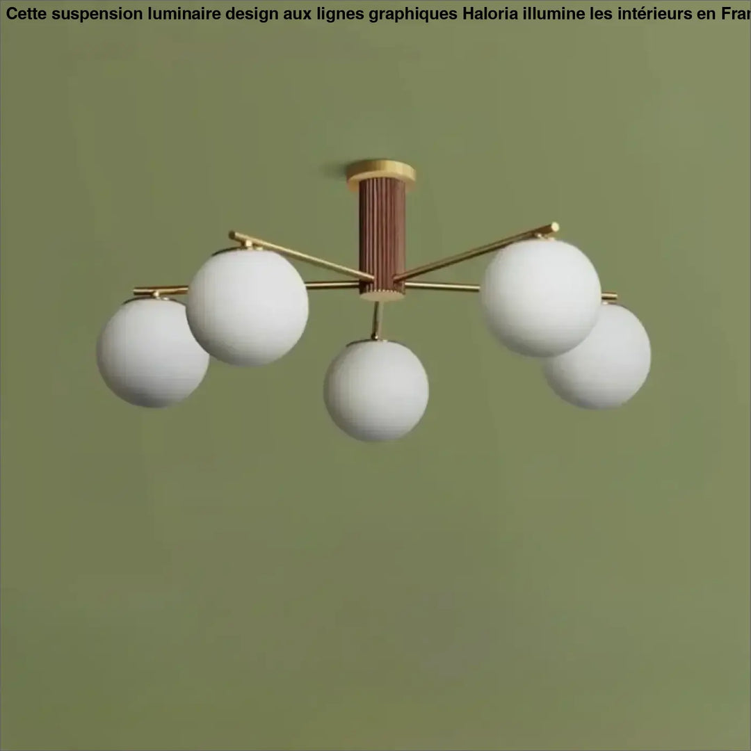 Luminaire plafonnier moderne cortix avec cinq globes en verre blanc suspendus à une structure en laiton cuivre finition noyer
