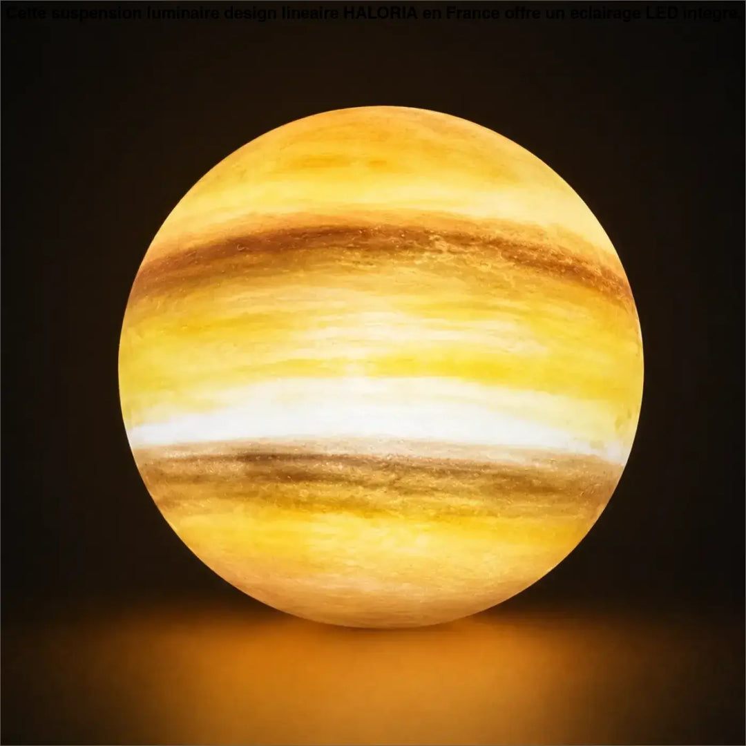 Suspension luminaire cosimo en forme de jupiter avec éclairage doux jaune et brun invite à l’évasion