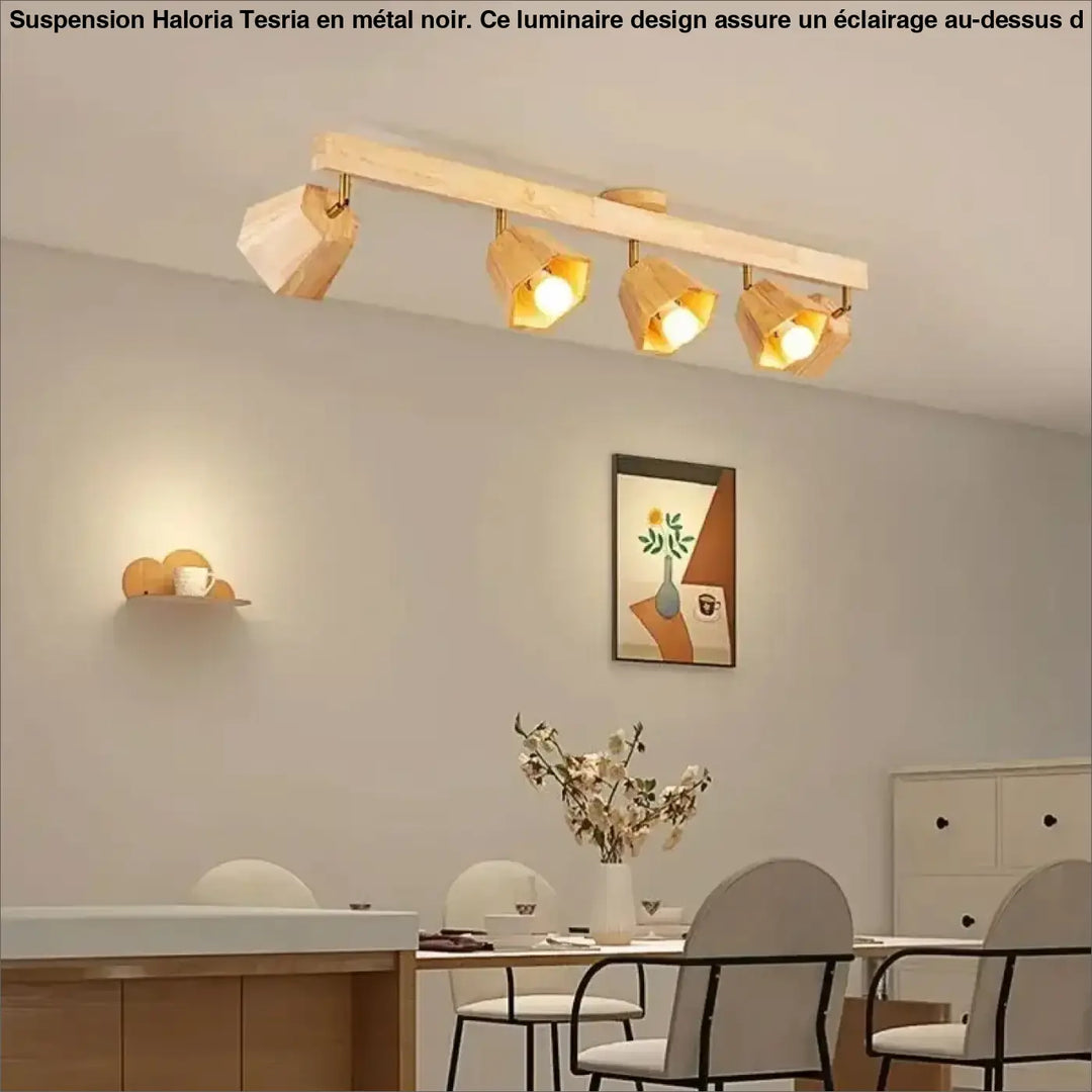 Luminaire design suspension en metal noir avec quatre têtes géométriques réglables au-dessus d’une table ou d’un coin salon