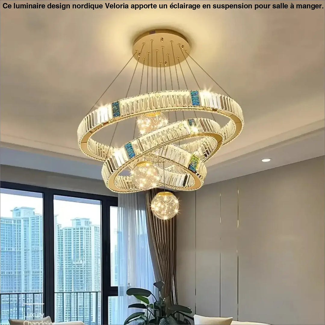 Suspension led cristal avec anneaux dorés design doré chic