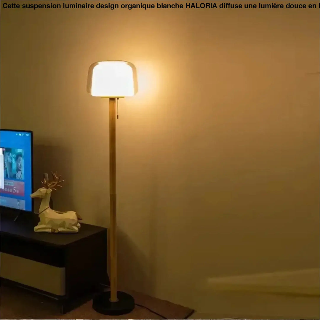 Lampadaire en verre transparent avec tige en bois naturel