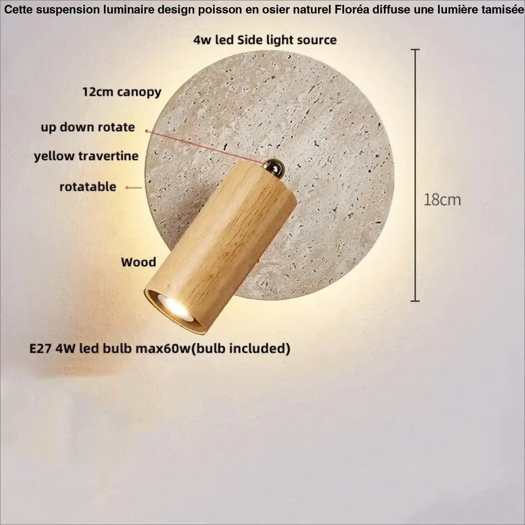 Applique murale bois naturel et pierre travertin led beige